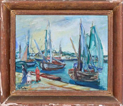 une peinture à l'huile représentant un groupe de voiliers amarrés dans un port
