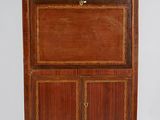 an old wooden cabinet with a marble top and drawers