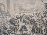 a drawing of a group of men fighting with each other