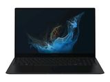 a black laptop with a blue screen and a black keyboard