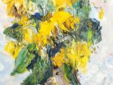 tableau représentant des tournesols dans un vase posé sur une table