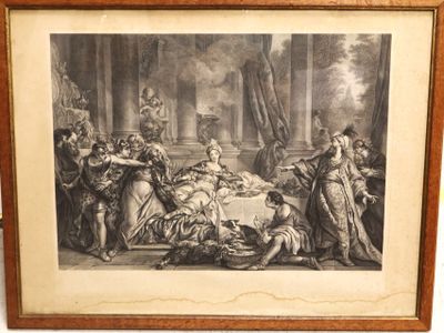 a painting of a group of people standing around a man laying on a bed