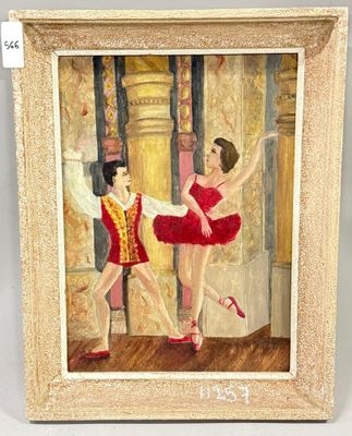 une peinture à l'huile représentant deux ballerines vêtues d'un tutu rouge