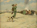 an image of a painting of a man and a dog in the snow
