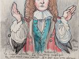 an old drawing of a man in a wig with his hands up