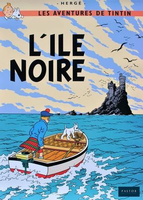 la couverture du livre *L'Île noire*, sur laquelle on voit un homme dans un bateau avec un chien