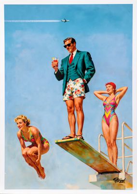a painting of a man standing on the edge of a diving board