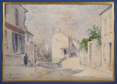 une image représentant une peinture d'une scène de rue où l'on voit une personne marcher dans la rue