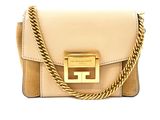 a brown and beige handbag with a gold metal chain