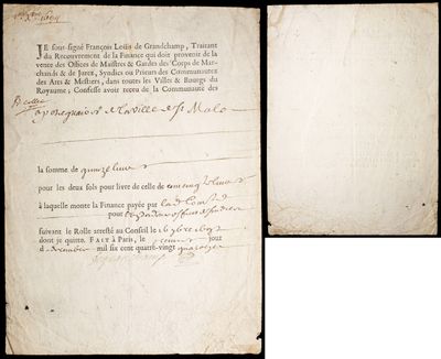two pages of old paper with writing on them, one of which has been written in french