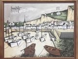a picture of a painting of boats in a harbor
