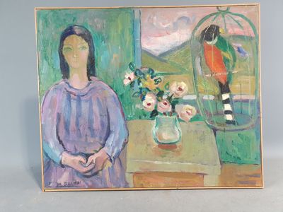 tableau représentant une femme assise devant un tableau représentant un oiseau en cage