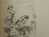 an old book with a drawing of a woman sitting on the floor