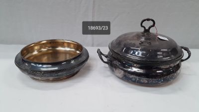 pair of silver plated dishes with lids and handles