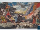 un tableau représentant un groupe de personnes marchant sur une plage