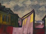 une image représentant une peinture d'une scène de rue avec des bâtiments et des cordes à linge