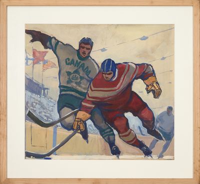 tableau représentant deux joueurs de hockey en pleine action sur la glace