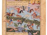 an illustration of a manuscript with a painting of a man riding a horse
