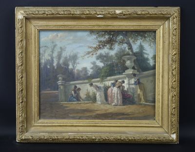 une peinture à l'huile représentant un groupe de personnes dans un parc