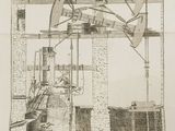 dessin représentant une machine dans une usine, sur laquelle travaille un homme