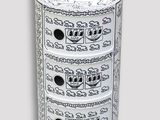 a white and black cabinet with a clock on it