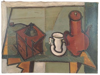 une photo d'un tableau représentant un vase et une tasse posés sur une table