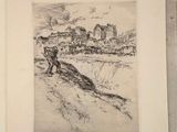 a drawing of a man plowing a field with a horse