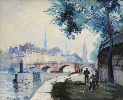 painting of a painting of people walking along a river with a bridge in the background
