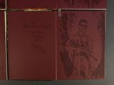 a drawing of a man holding a gun on a red book