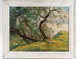 a picture of a painting of a woman sitting under a tree