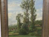 tableau représentant un champ avec des arbres et une maison au loin
