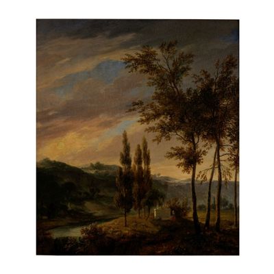 une peinture d'un paysage avec des arbres et une rivière au premier plan