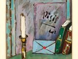 une image représentant un tableau où l'on voit une bougie et des livres posés sur une table