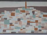 une peinture abstraite représentant un bâtiment surmonté d'une croix