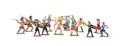 many figurines of different types of people with spears and shields