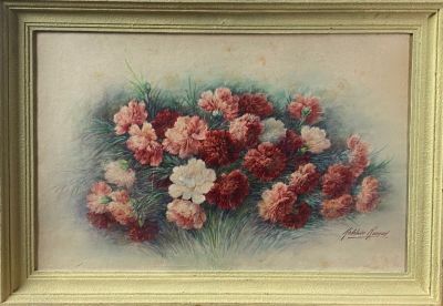 painting of a bouquet of pink and white flowers in a gold frame