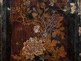 an image of a painting of flowers and birds on a black background