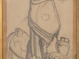 dessin représentant un homme vêtu d'un châle, debout à côté d'un pot