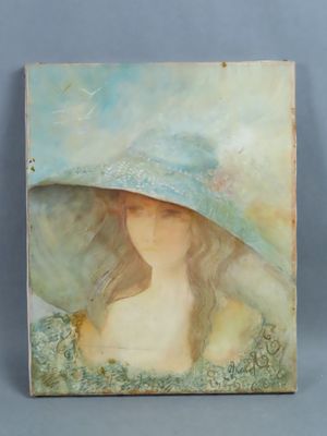 painting of a woman wearing a large hat on a blue background