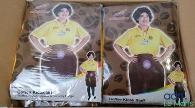 packaging of two bags of chocolate cake with a woman in a yellow shirt