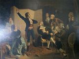 a painting of a man standing in front of a group of people