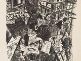 a black and white drawing of a group of people standing in front of a building