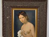 painting of a naked woman with a towel in a brown frame
