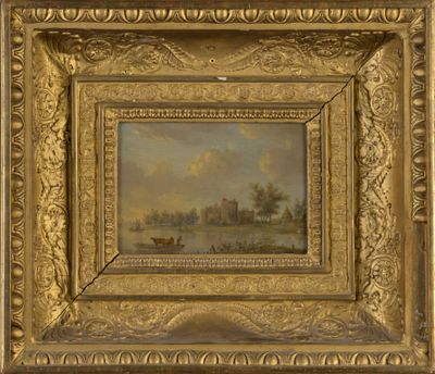 École française XVIIIème "Vue d'un château fort en bord de r…