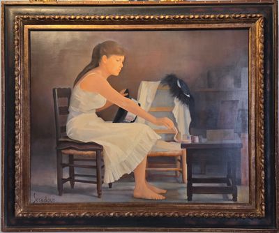 a painting of a woman in a white dress sitting at a desk