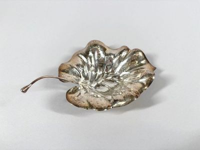 une image représentant un plat en forme de feuille d'argent posé sur une surface blanche
