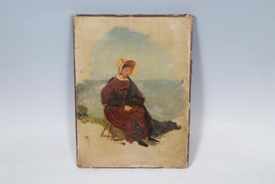 un vieux tableau représentant une femme assise sur une chaise, sur une plage