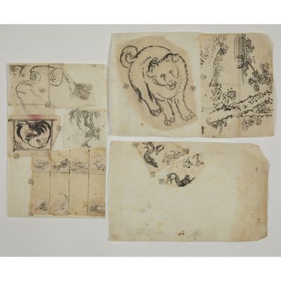 four drawings of animals and birds on old paper