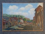 un tableau représentant une scène de rue avec des bâtiments et une calèche