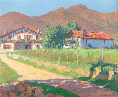 an image of a painting of a farm with a dirt road
